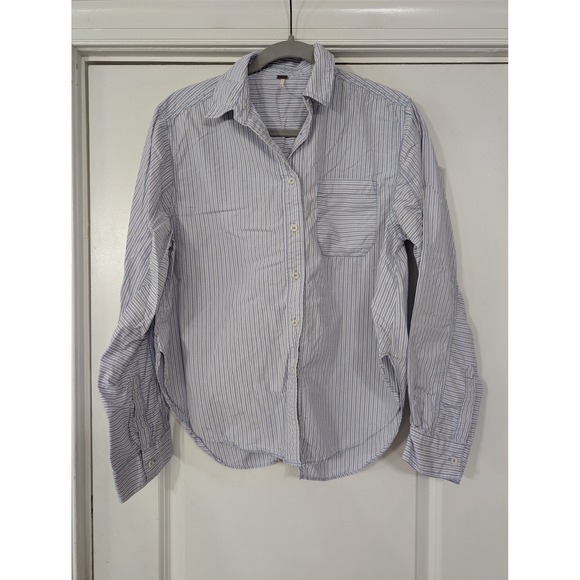 Free People Tie It In A Bow Oversized Cotton Shirt Blouse women's XS blue stripe - Picture 2 of 10